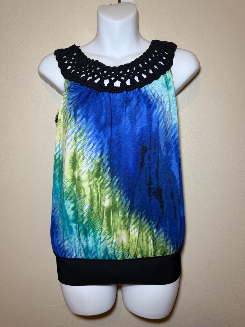 Wrapper Blue & Green Tie-Dye Halter Tank with Black Crochet Neck